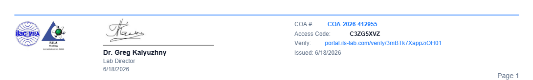 COA footer with accreditation marks, the lab director's signature, certificate number, access code and verification link.