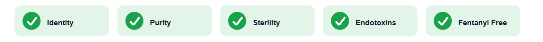 Row of passed test panels: Identity, Purity, Sterility, Endotoxins and Fentanyl Free.